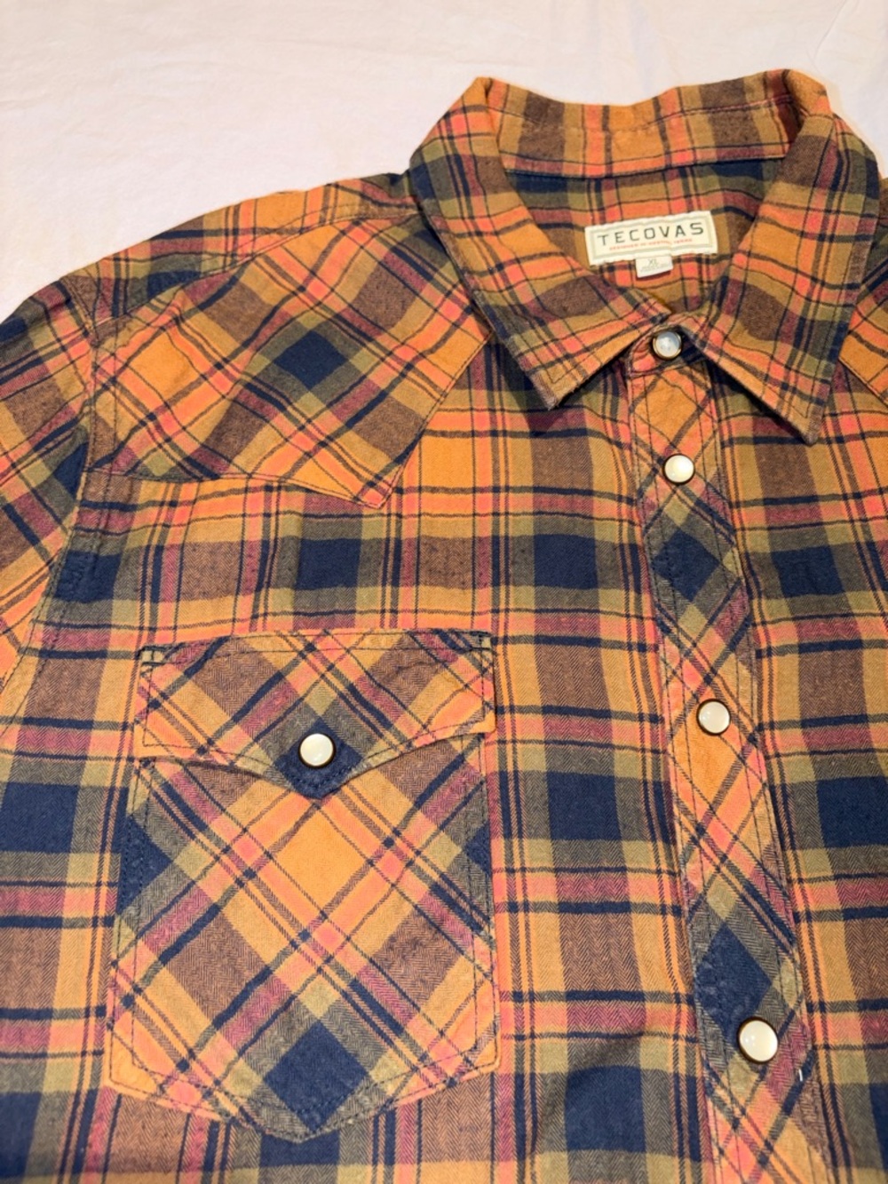 Tecovas Men's XL Orange & Blue Plaid Western Pearl Snap Flannel Shirt